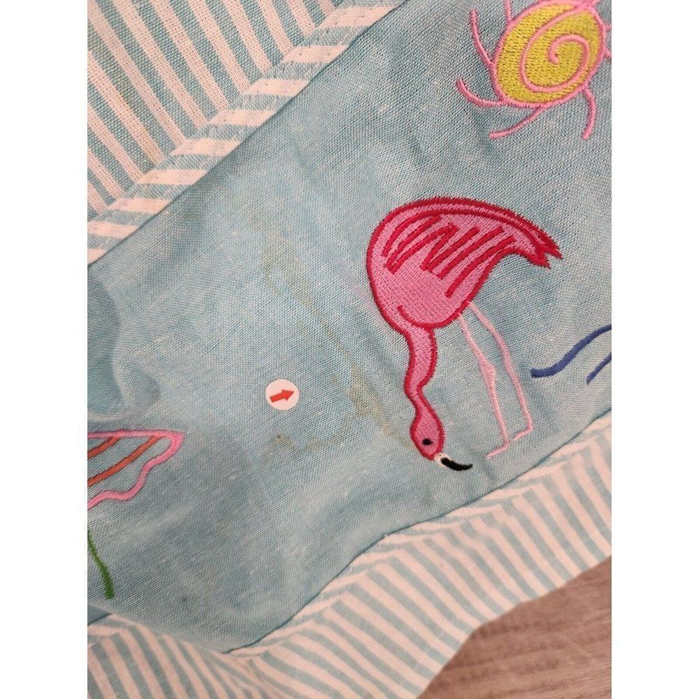 Vintage 80s Blue Flamingo MuuMuu Dress L Cotton Kaftan Patio Summer Cotton - Picture 9 of 9